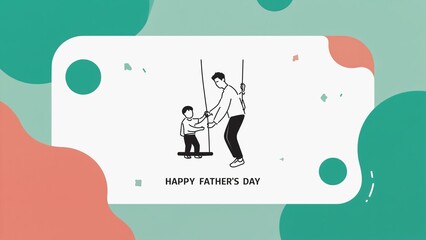 A father and son play together on a swing. The father is a young man with dark hair, and the son is a small child. The background features colorful abstract shapes.