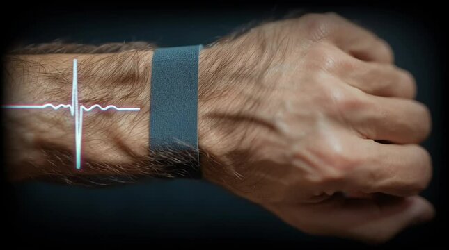 A wrist wearing a smart fitness band displays a digital heart rate graph, emphasizing health monitoring technology. Futuristic Human-Quantum AI Interaction