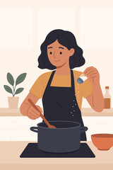 Woman Cooking in Modern Kitchen Adding Salt to Pot, Flat Vector Illustration of Home Chef Preparing Meal, Stirring Ingredients, Domestic Culinary Scene, Cozy Interior, Apron, Healthy Food Concept