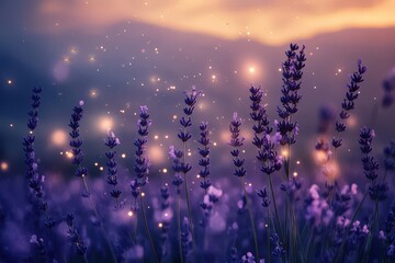 Magical lavender field at twilight with sparkling lights and insects