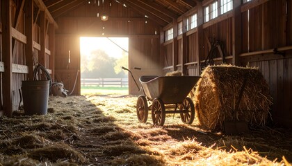 Clean barn with fresh hay, tools, wheelbarrow, and water hose. High-contrast light and shadows enhance rustic, tidy atmosphere. No people.