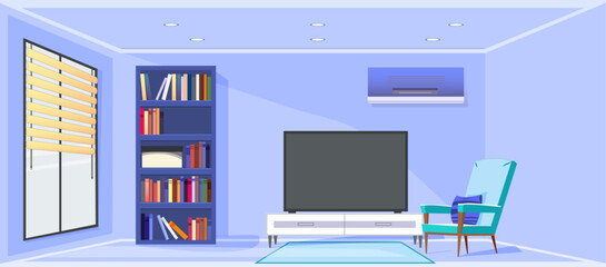 living room with bookcase, armchair with cushion and TV with air conditioning