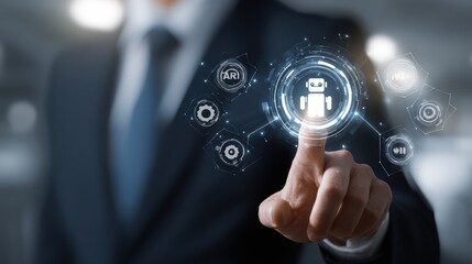Business person touches a robot icon surrounded by other technology related symbols.