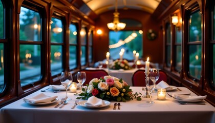 romantic dinner on a train dining car with candle centerpieces and window bokeh blur.