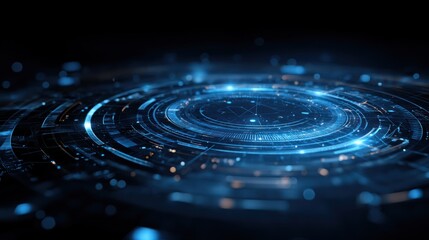 Abstract glowing blue circles with bokeh lights on a dark background.