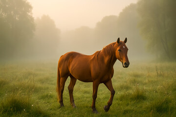 Fototapeta premium Majestic horse walking through a foggy green field
