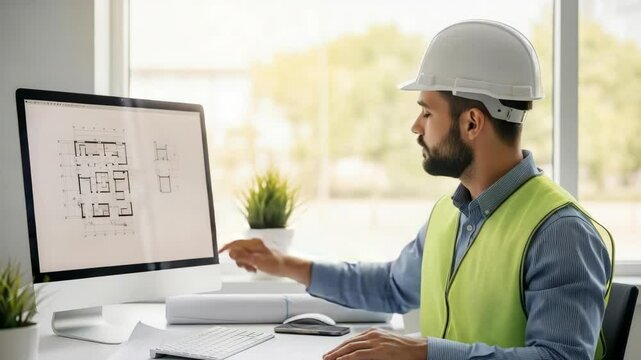 Construction Manager Reviewing Plans on Computer in Modern Office
