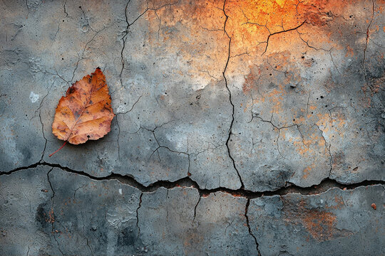 A single, dried autumn leaf rests on a cracked, weathered surface, evoking feelings of fall and age. - Powered by Adobe