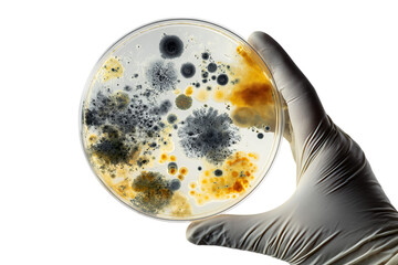 Close up of a petri dish with mold colonies.