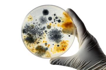 Close up of a petri dish with mold colonies.