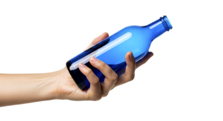Close-up of a Hand Holding an Empty Blue Glass Bottle
