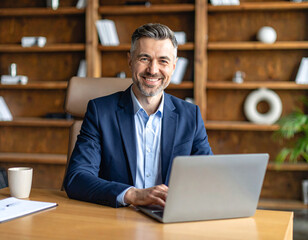 Smiling businessman in blue suit working on laptop in a stylish office