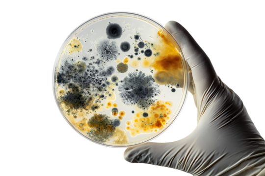 Close up of a petri dish with mold colonies.
