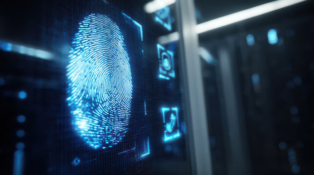 Digital fingerprint scan security technology, glowing blue server - Powered by Adobe