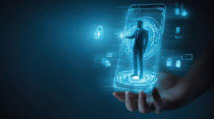 Businessman using laptop computer, digital security, hologram