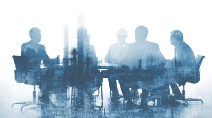 Business people sit at a table with city skyline overlay.