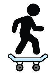 Skateboard icon with man. Simple black silhouette of a person riding a skateboard. Skate board icon, editable vector isolated on white background. Vector illustration.
