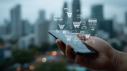 Mobile phone with shopping icons, online shopping city background