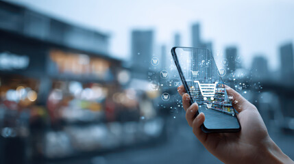Augmented reality shopping technology smartphone city background