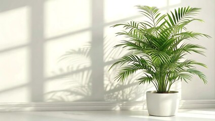 A photorealistic image of a vibrant green palm plant in a white ceramic pot, casting soft natural shadows on a sunlit wall in a minimalist indoor setting
