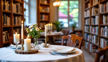 cozy bookshop dinner table surrounded by candles and blurred bookshelves bokeh.