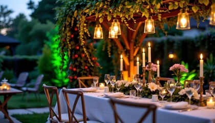 botanical garden dinner table at twilight with hanging candles and green bokeh glow.