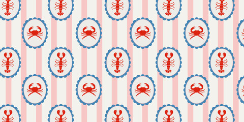 Vintage Mediterranean seamless pattern with crabs and lobsters in circular frames on Stripes. Coastal summer marine print for fabric, wrapping paper,  and beach decor. © Huma Fida