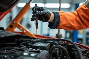 Mechanic wearing black gloves and orange jacket checking car engine oil level with dipstick in auto repair shop