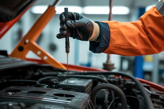 Mechanic wearing black gloves and orange jacket checking car engine oil level with dipstick in auto repair shop