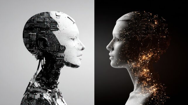 Two female faces one robotic and one human face each in profile. - Powered by Adobe