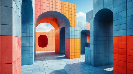 A colorful 3d architectural scene with arches and geometric blocks, ideal for websites or blogs about abstract design, urban art, or playful concepts.

