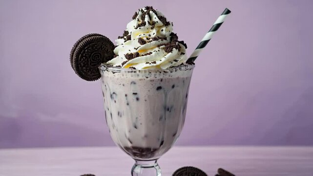Oreo milkshake, close-up of a frothy milkshake with Oreo crumbles on top, creamy texture
