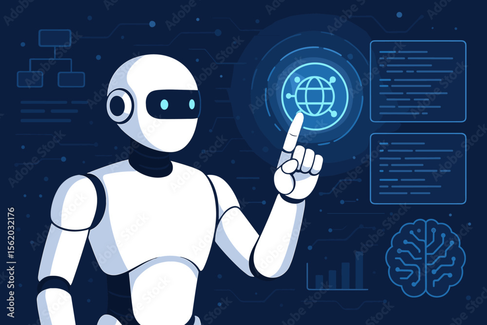 Poster robot and artificial intelligence concept. ai cyborg interacts with digital interface, analyzing dat