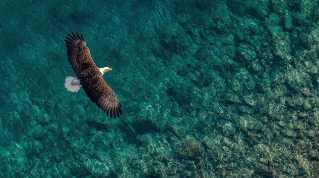 Eagle soars above turquoise ocean water with rocky seabed visible below. - Powered by Adobe