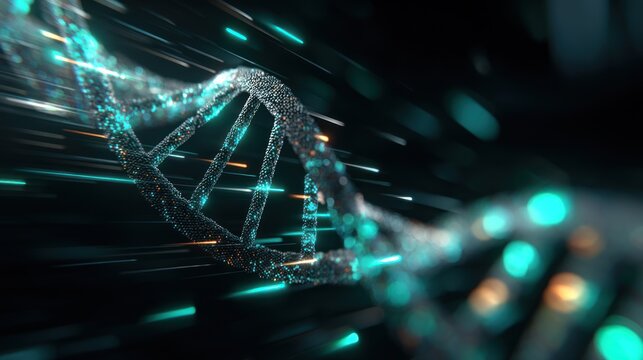 Abstract dna strand with glowing particles against a dark background.