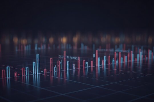 Abstract 3d rendering of glowing quantum finance data visualization with rising and falling bar charts on a dark grid background
