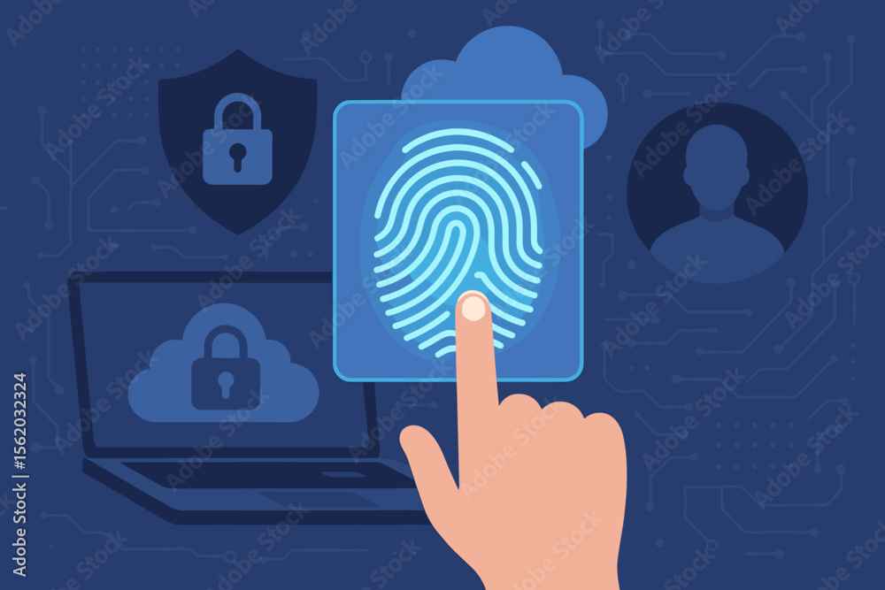 Poster cybersecurity concept with fingerprint scan for biometric identification. user hand authenticating f