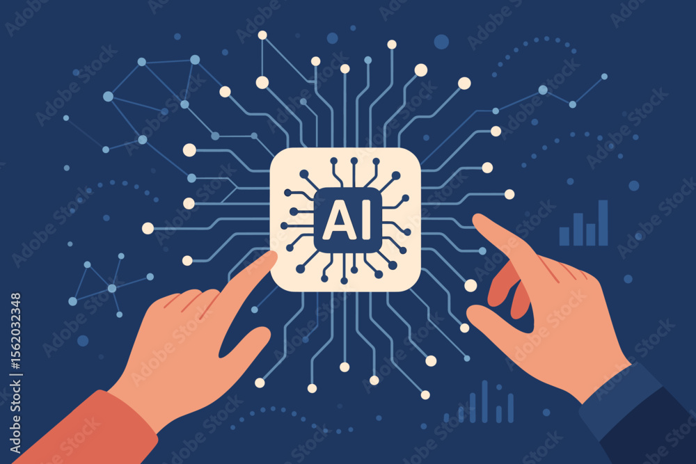 Poster hands touching an ai processor chip. concept for artificial intelligence, machine learning, digital 