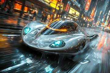Futuristic silver sports car speeding through a rain-soaked neon city at night.