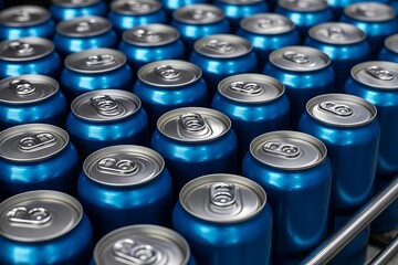 Rows of shiny blue aluminum beverage cans with silver pull tabs are neatly arranged in a factory or production line setting