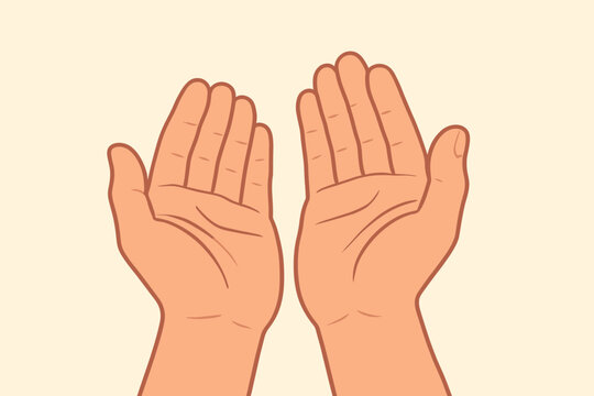 Two hands praying in a gesture of Islamic Dua or supplication. Vector illustration of open palms asking for a blessing, charity, or help. Concept of faith, hope, and worship.