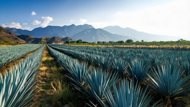 Extensive Agave Field Under Blue Sky with Distant Mountain Range, Rows of Spiky Plants in Agricultural Landscape, Daytime