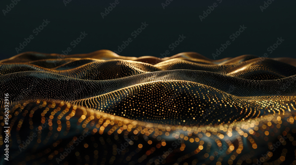 Poster mesmerizing visualization of glowing waveforms, showcasing intricate patterns and textures dark sett