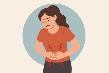 Woman Suffering Stomach Pain, Holding Abdomen, Menstrual Cramps, Period Pain, Gastric Ulcer, Appendicitis, Gastrointestinal Disease, Digestive Disorder, Healthcare, Medical Concept Illustration