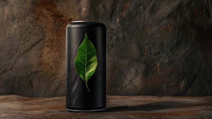 Sleek black battery with green leaf symbolizing clean energy stands against textured background, evoking sense of sustainability and innovation