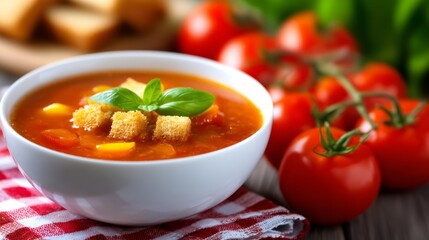 Tomato soup in a ceramic bowl topped with croutons and basil, cozy Scandinavian kitchen scene with natural textures and minimal decor