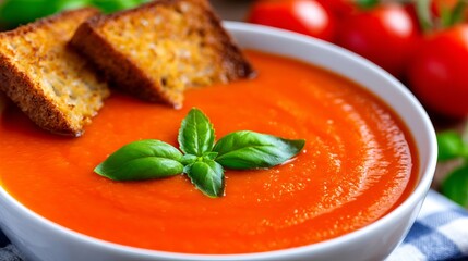 Gazpacho served in a ceramic bowl, topped with crunchy croutons and fresh basil leaves, cozy kitchen atmosphere with rustic warmth and natural textures