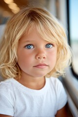 Young blond girl gazing out airplane window, dreamy expression lit by soft natural light, peaceful travel moment in warm cinematic tones, minimal background for emotional storytelling