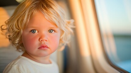 Close-up of baby traveling alone, face illuminated by daylight through plane window, relaxed and introspective mood with shallow depth of field, perfect for lifestyle visuals