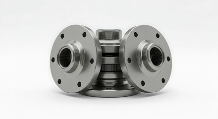 A professionally shot studio photograph of three identical, brand new machined metal wheel hubs arranged in a symmetrical and artistic composition